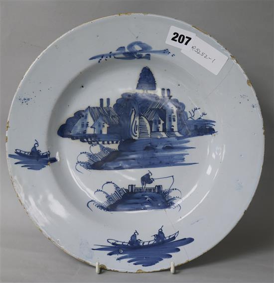 A Bristol delftware blue and white dish, mid 18th century 30cm, cracked